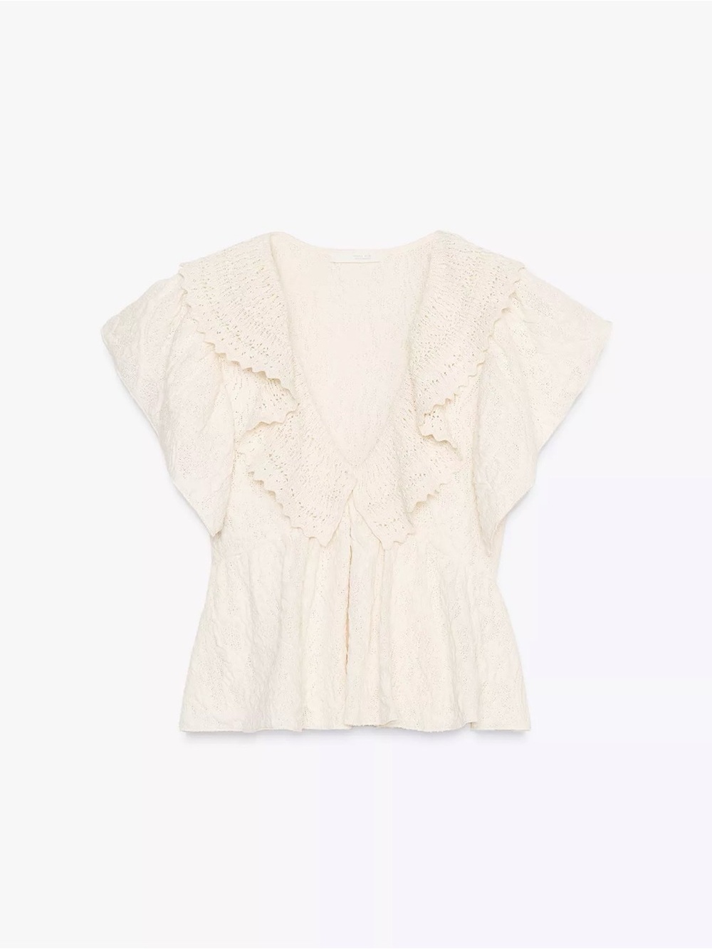 Zara Cream Crochet V-Neck Ruffle Sleeve Blouse